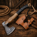Handmade Nordic Viking bearded axe with engraved head and hardwood handle with leather sheath.