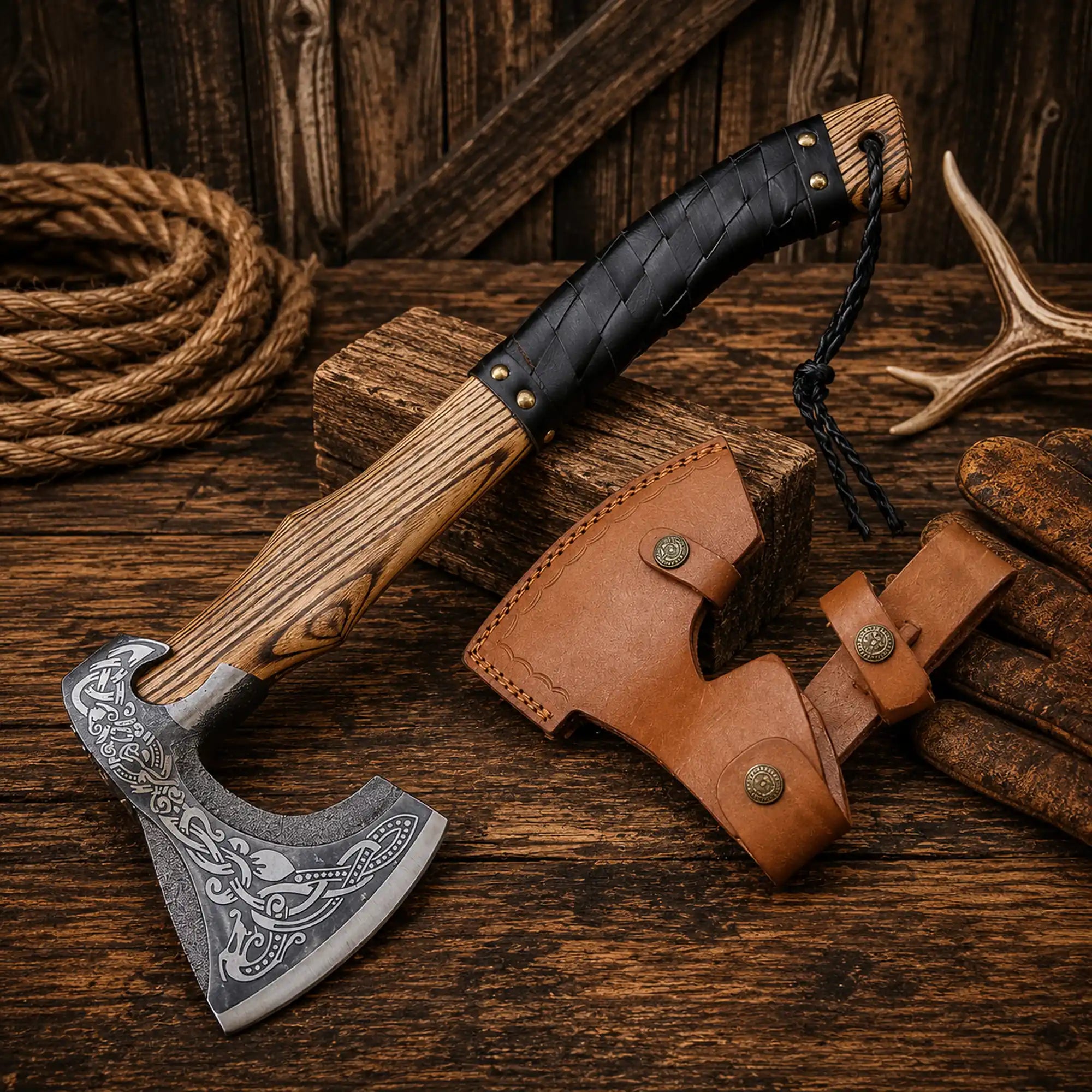 Handmade Nordic Viking bearded axe with engraved head and hardwood handle with leather sheath.