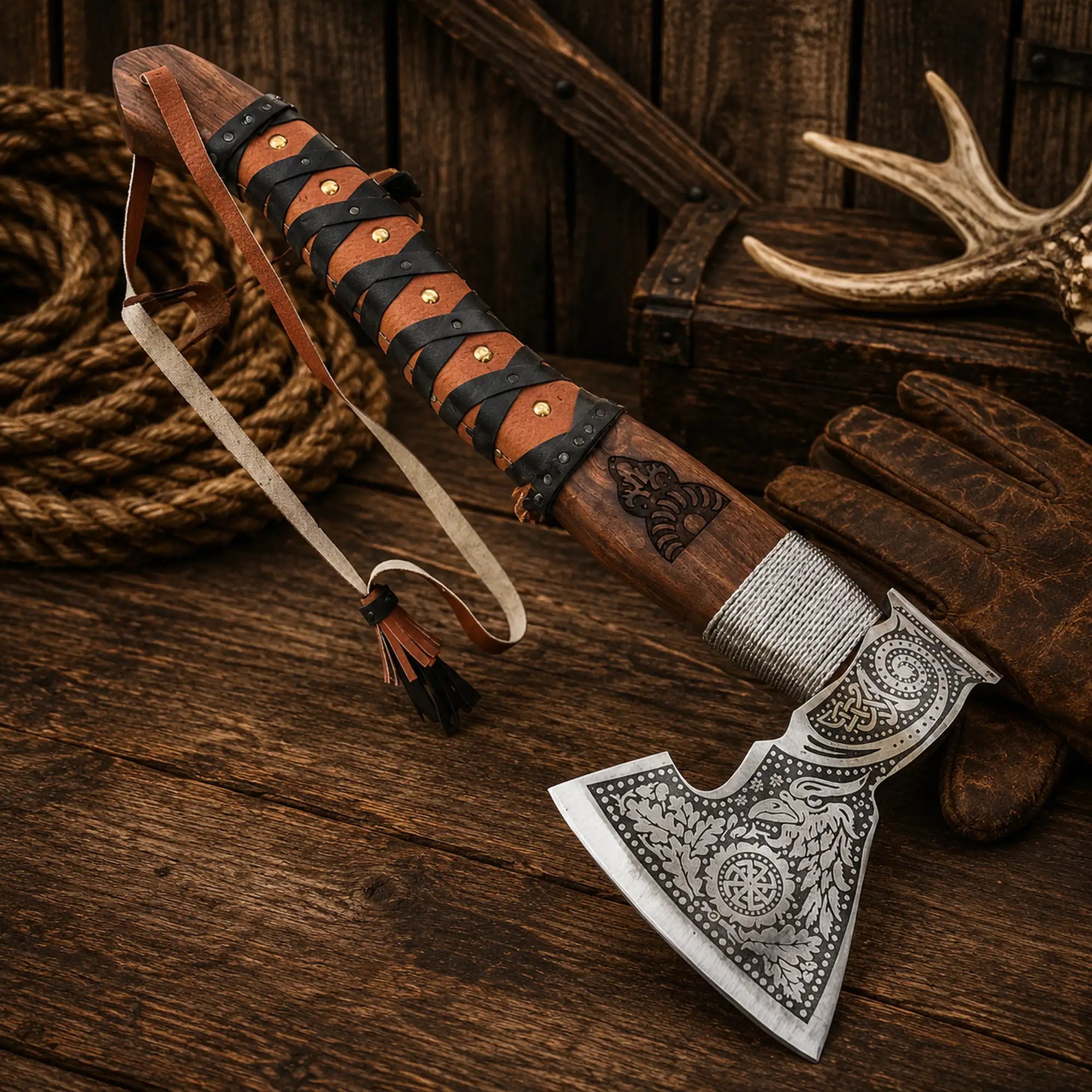 Viking bushcraft camping axe featuring a leather-wrapped hardwood handle and engraved blade.