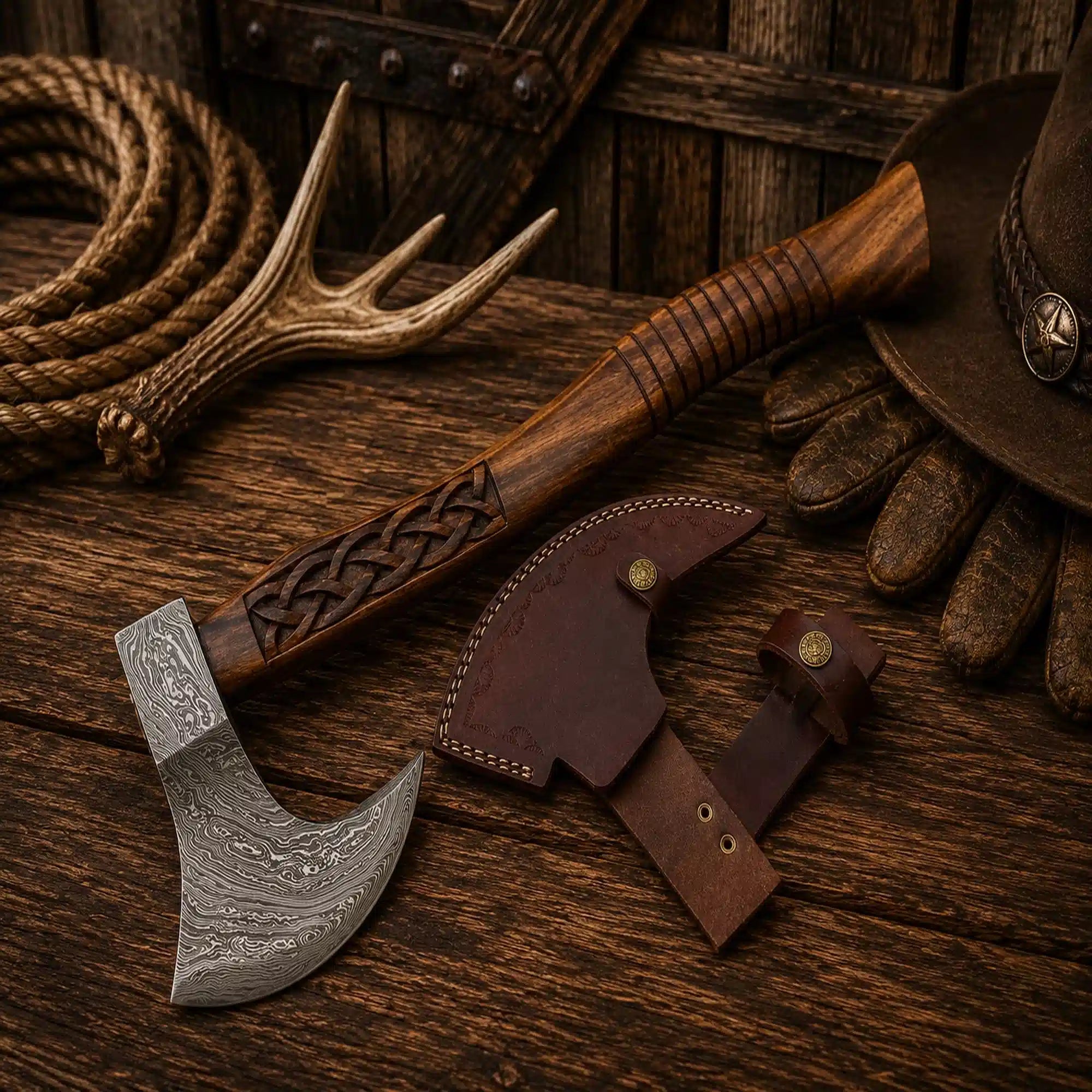 Handmade Viking camping axe with Damascus steel head and leather sheath