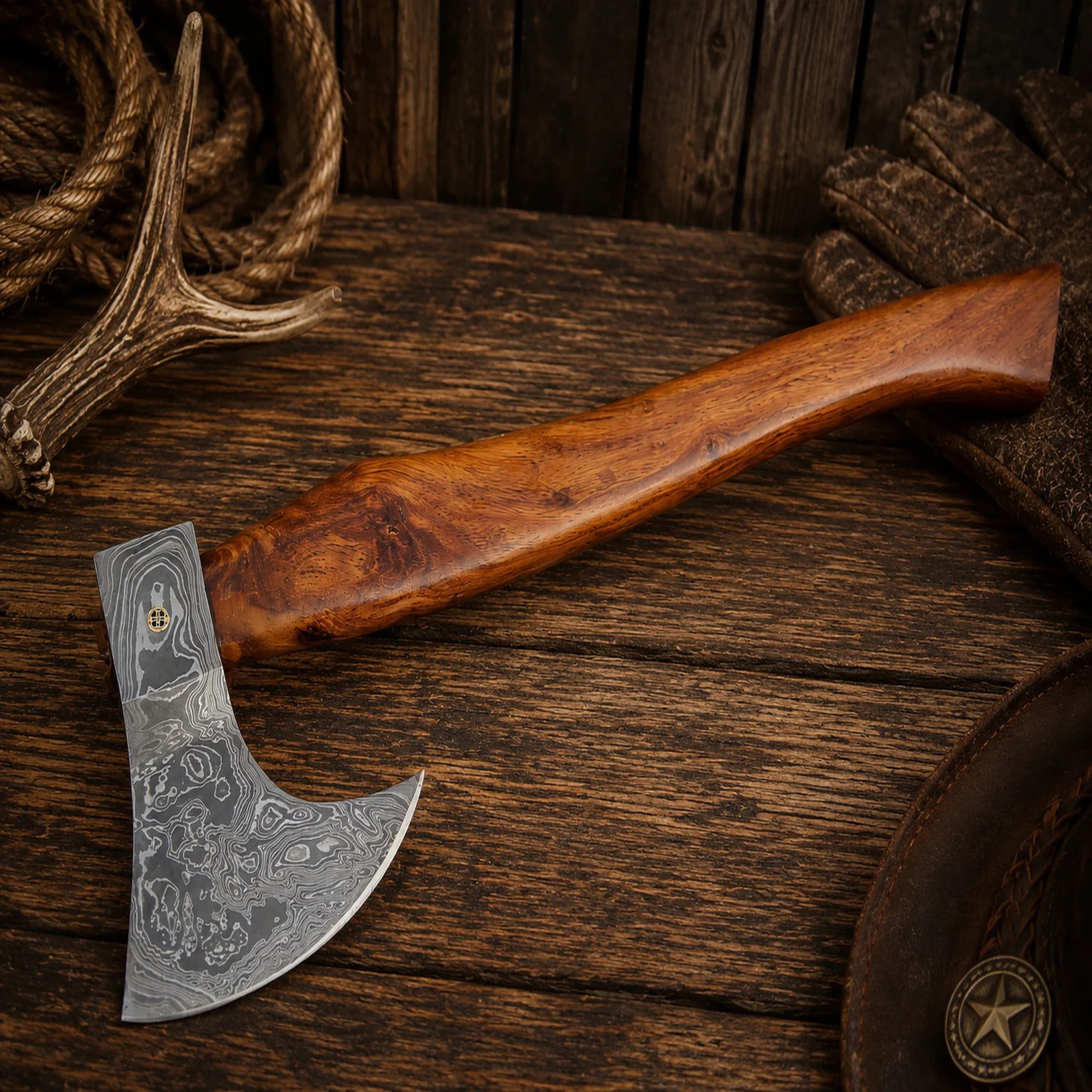 Handmade Damascus bushcraft axe with leather sheath and polished rosewood handle.