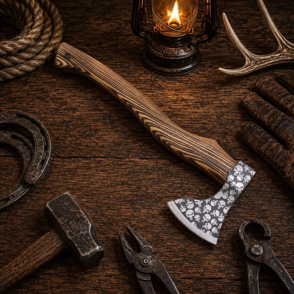 Skull etched carbon steel tomahawk with 6 inch axe head 