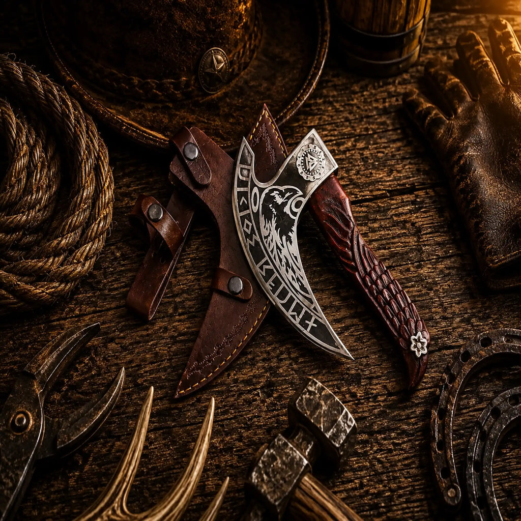 Handmade D2 steel Viking pizza axe with leather sheath