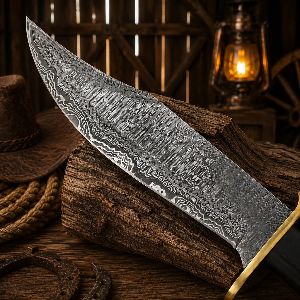 Handmade Damascus Bowie knife blade close up
