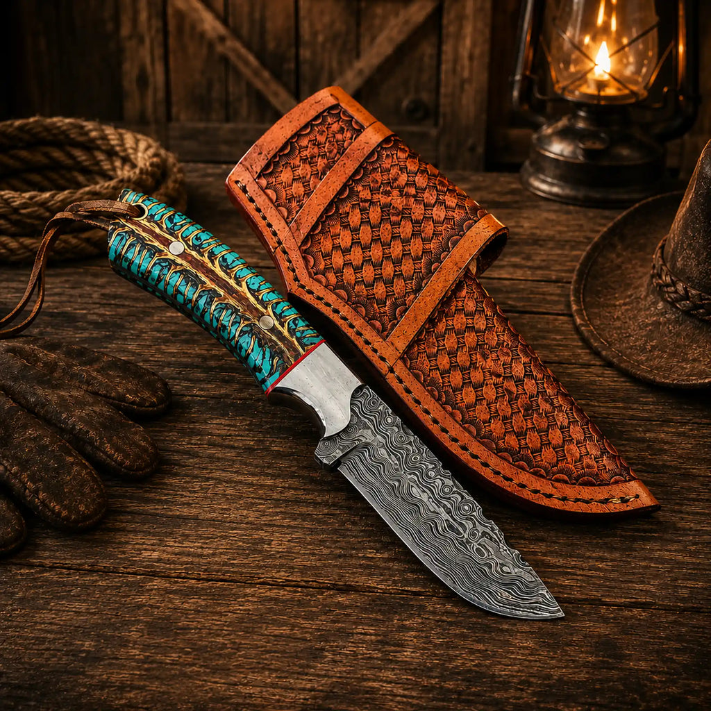 Western Damascus knife with pinecone resin handle and leather sheath with damascus blade