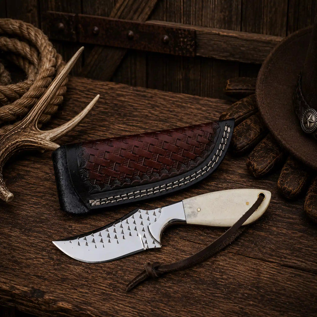 Premium Western fixed blade knife featuring a 3.75-inch razor-sharp Rasp Steel blade, camel bone handle, and handcrafted leather sheath.