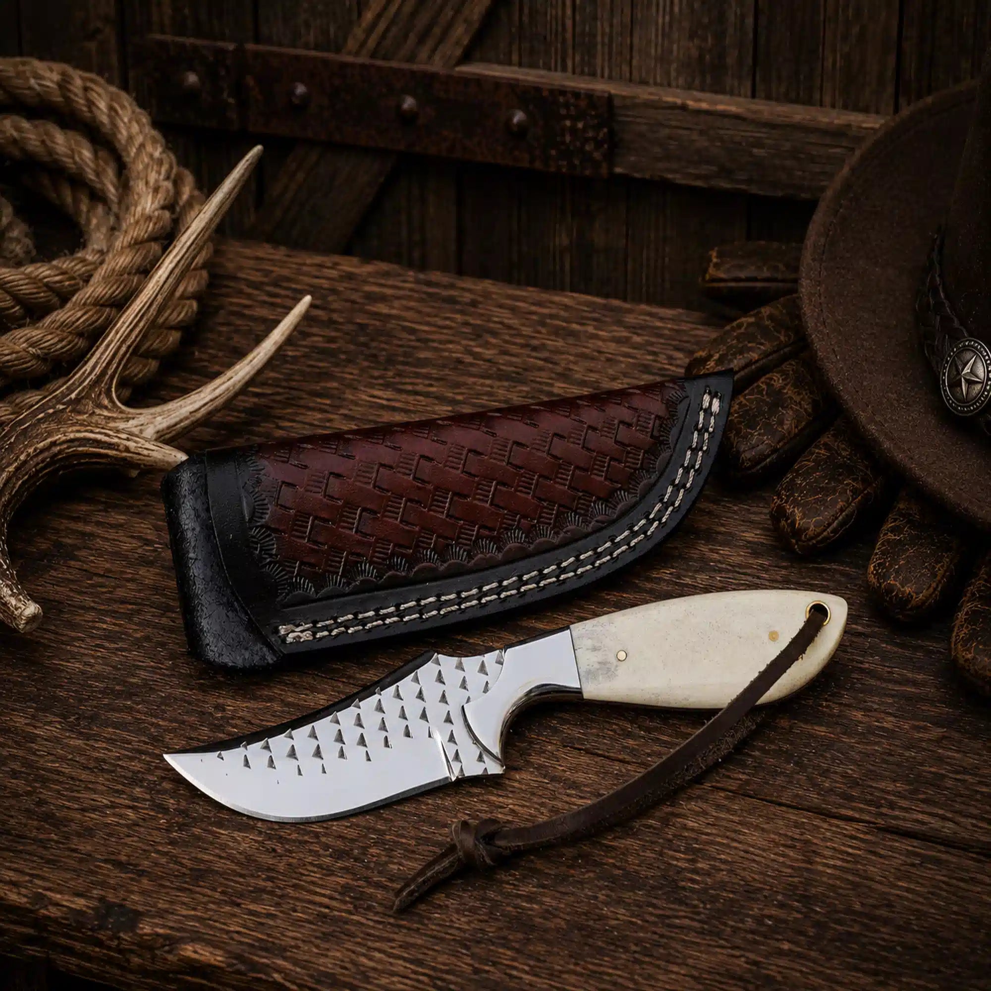 Premium Western fixed blade knife featuring a 3.75-inch razor-sharp Rasp Steel blade, camel bone handle, and handcrafted leather sheath.
