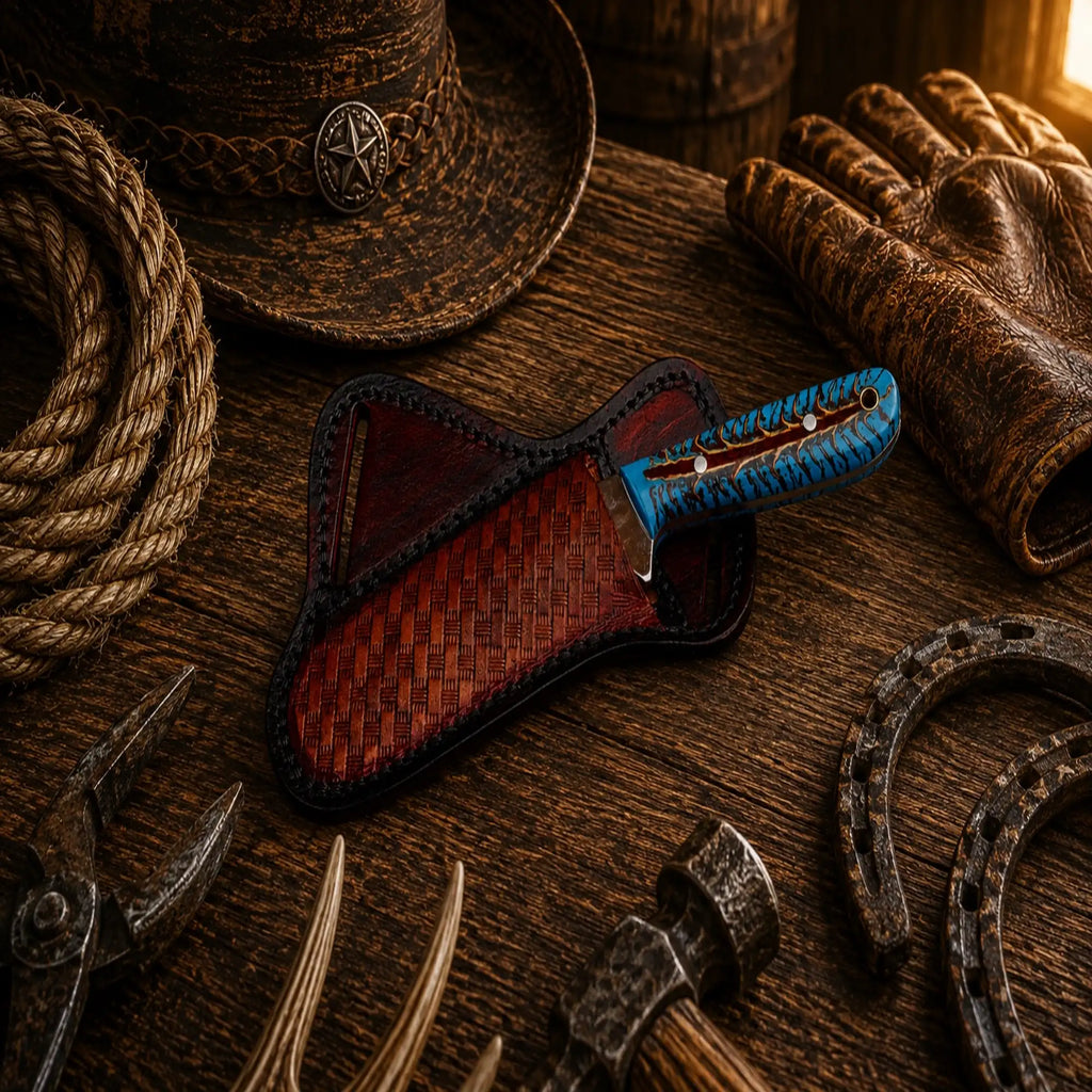 Western ranch knife featuring a turquoise pine cone handle and leather sheath