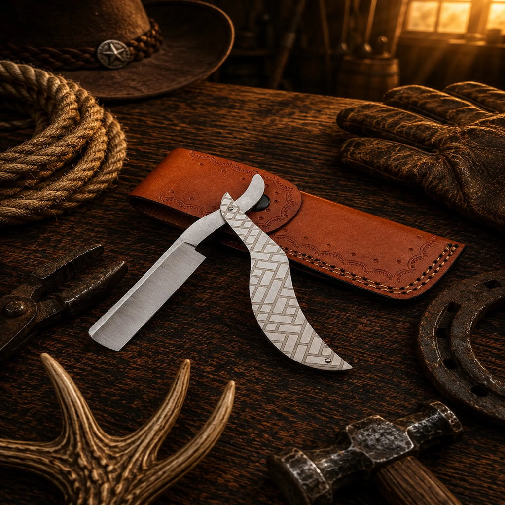 Heritage Barber handmade D2 steel straight razor with textured steel folding handle