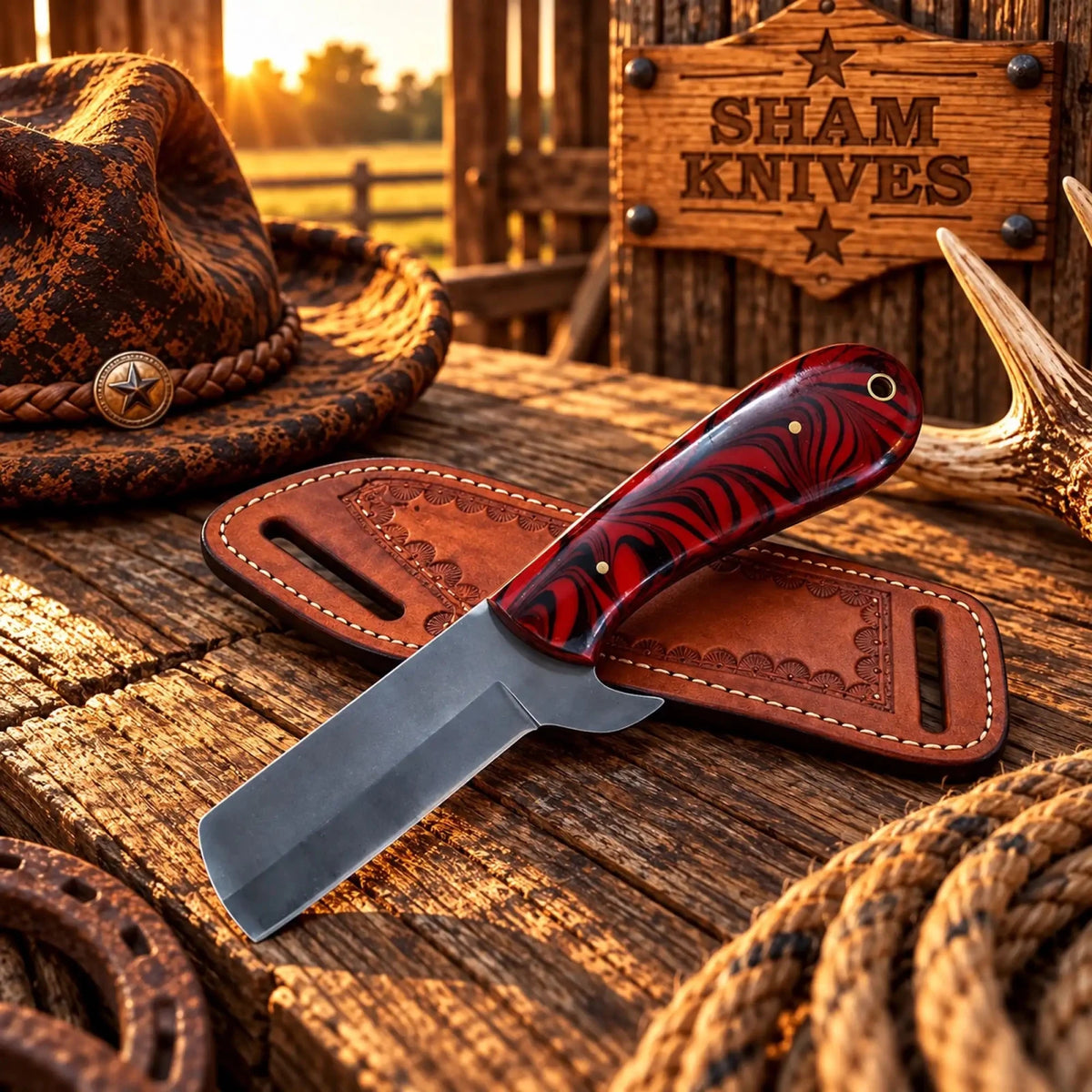 Heritage Knife acid wash Steel Western Bullcutter with Pancake leather Sheath - SHAM KNIVESBull cutterSHAM KNIVESHeritage Western bullcutter knife with acid wash steel blade