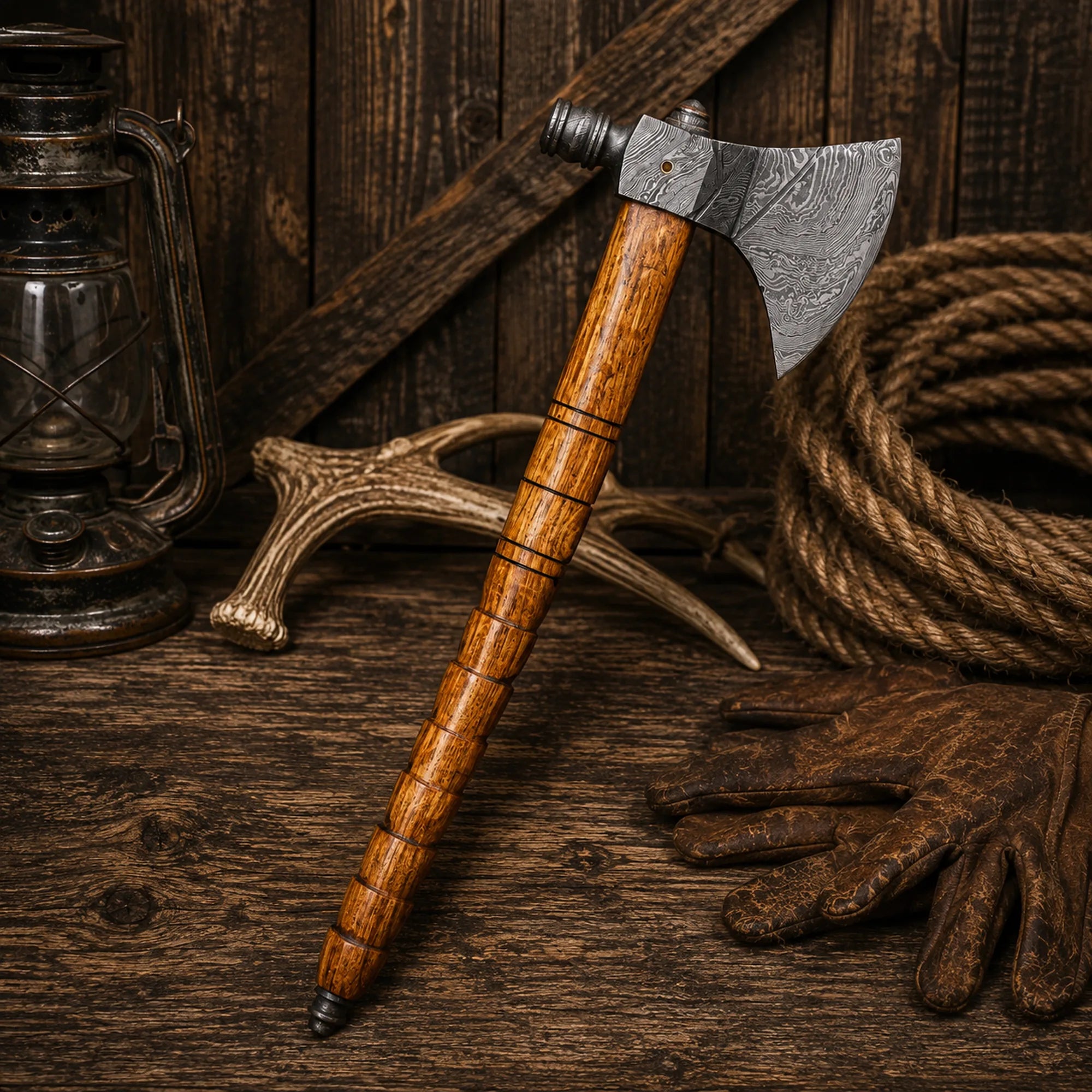 Handmade Damascus steel tomahawk with traditional pipe head and premium wood grip.