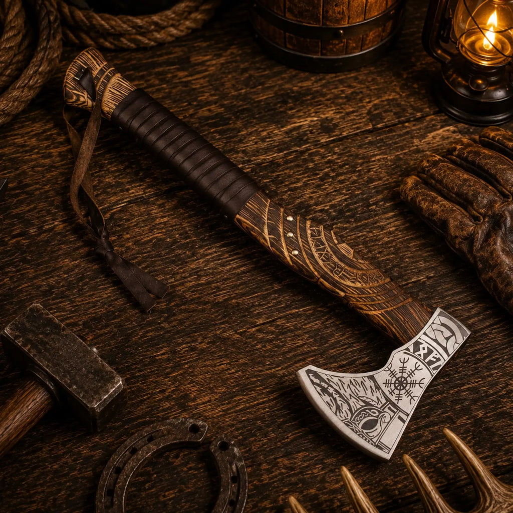 1095 carbon steel Norse axe with carved wooden handle and leather sheath