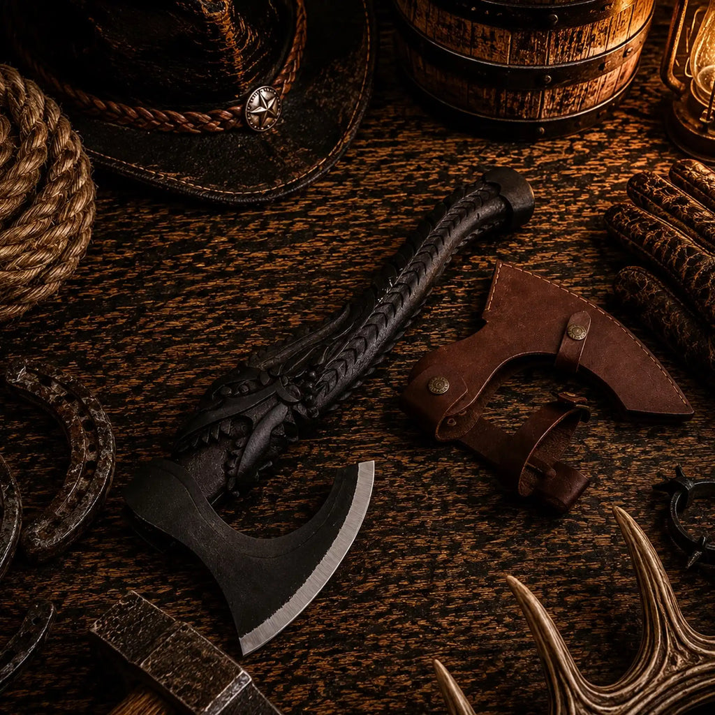 High carbon steel Viking axe with dark carved wooden handle