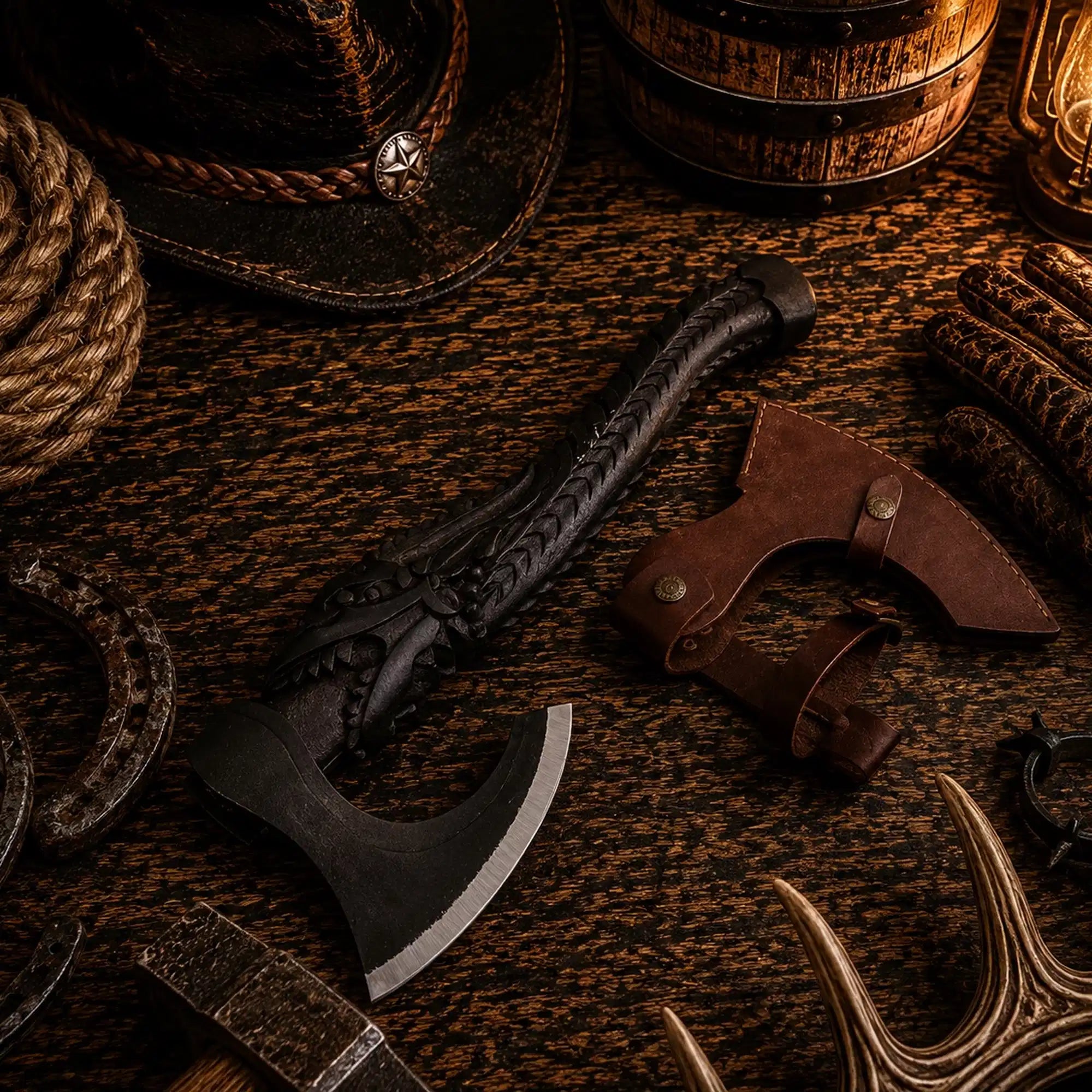 High carbon steel Viking axe with dark carved wooden handle