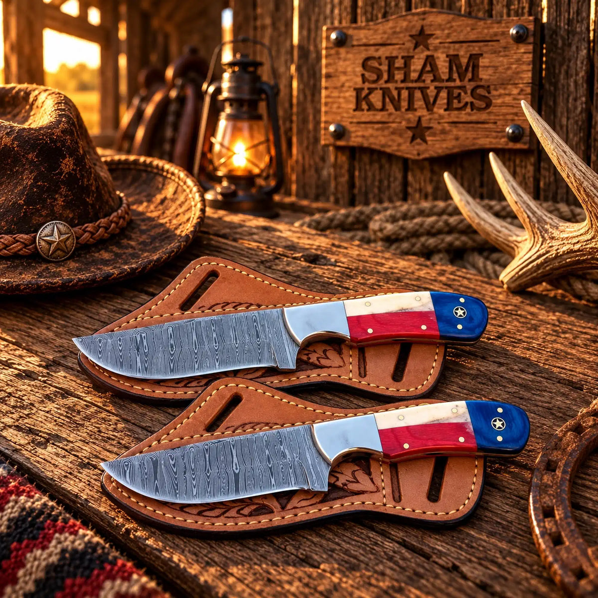 High Country Damascus steel skinning knife with red white and blue handle