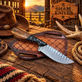 High Plains Western skinning knife with wood and dark veined handle
