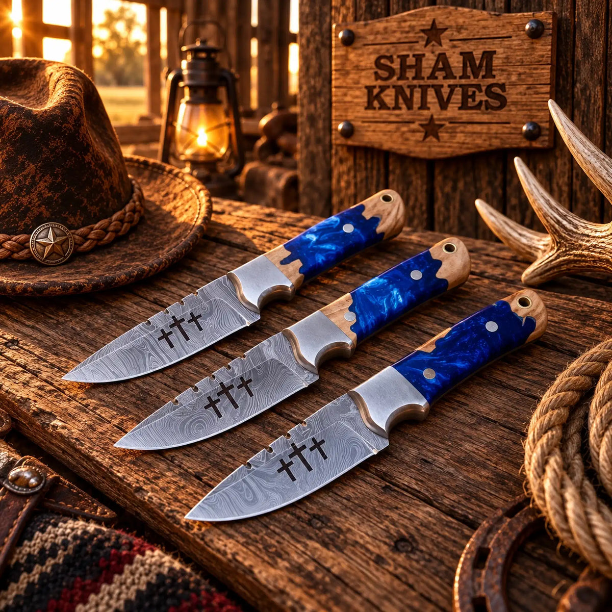 Holy Trinity Damascus steel cowboy skinning knife set with blue epoxy handles