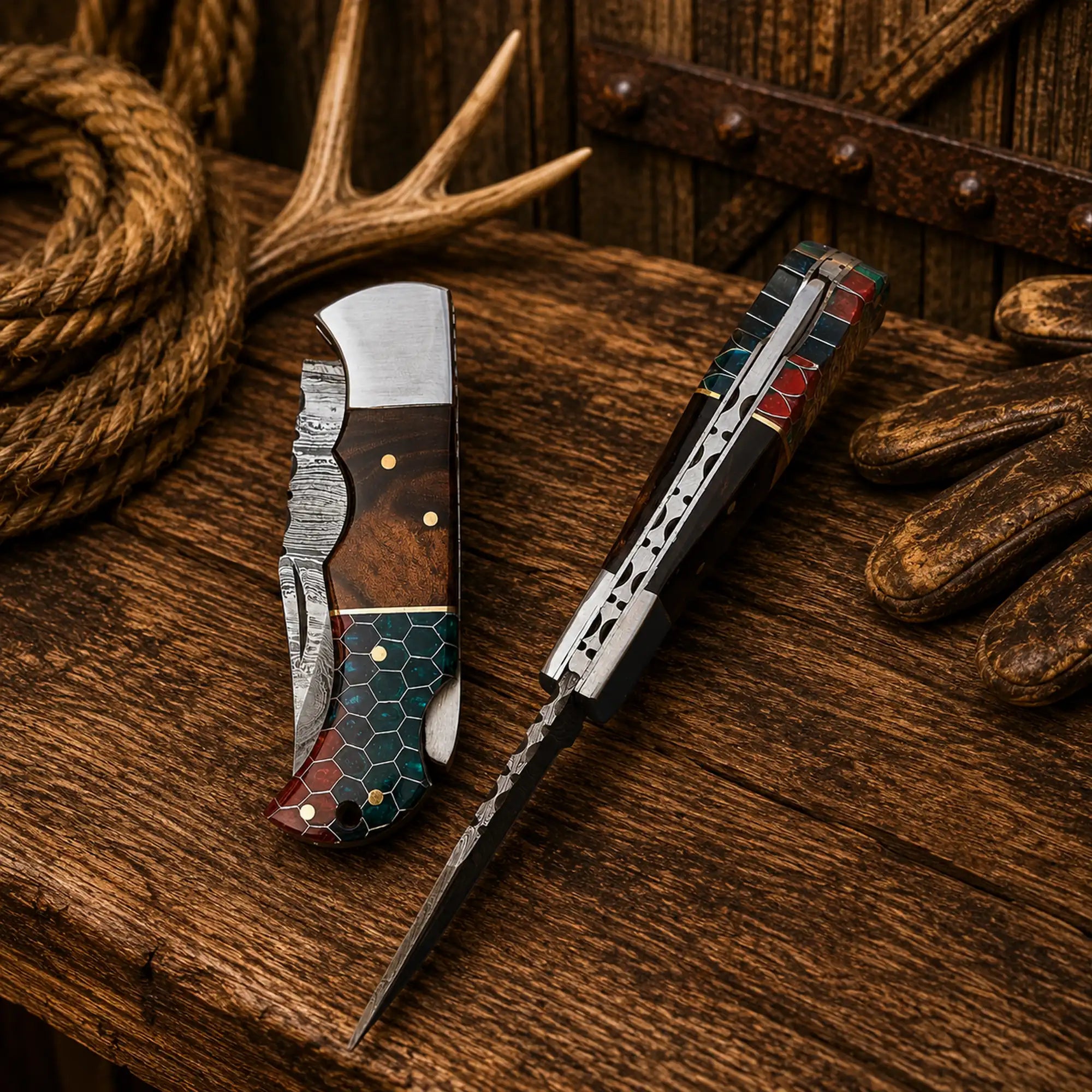 Honeycomb resin handle Damascus pocket knife