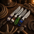 Honeycomb Western Outdoorsman handmade knife collection with Damascus and rasp file blades