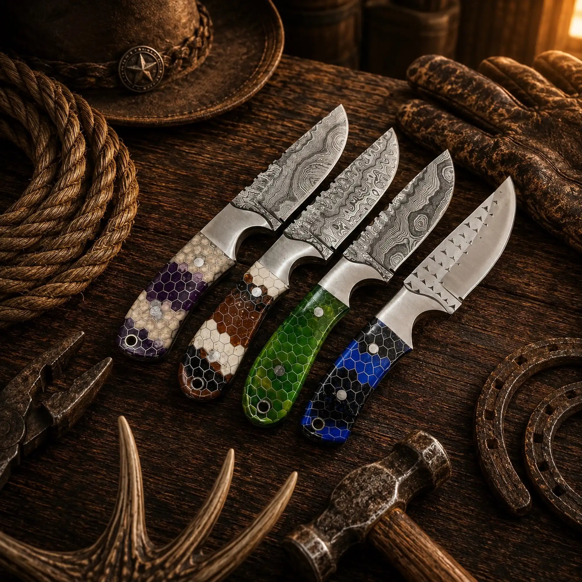 Honeycomb Western Outdoorsman handmade knife collection with Damascus and rasp file blades