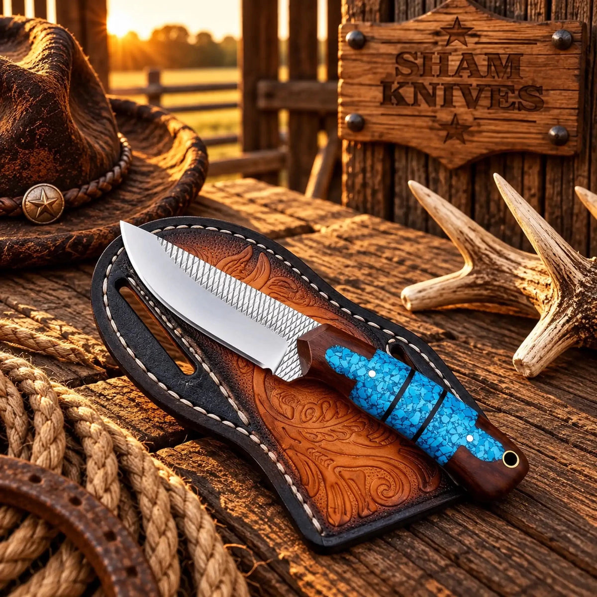 Horse Riding Cowboy Knife – 4" Forged Rasp Steel with Turquoise & Rosewood Handle - SHAM KNIVESCowboy KnifeSHAM KNIVESHorse riding cowboy knife with 4 inch forged rasp steel blade and turquoise handle