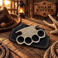 Iron Fist engraved brass knuckle display piece with black leather sheath