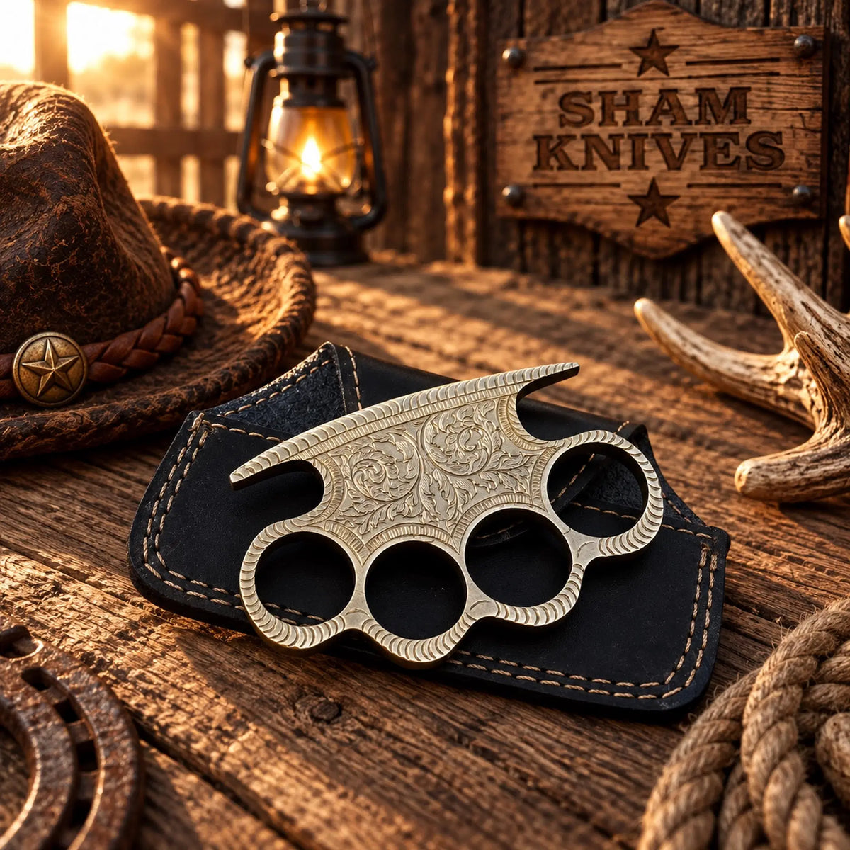 Iron Fist engraved brass knuckle display piece with black leather sheath