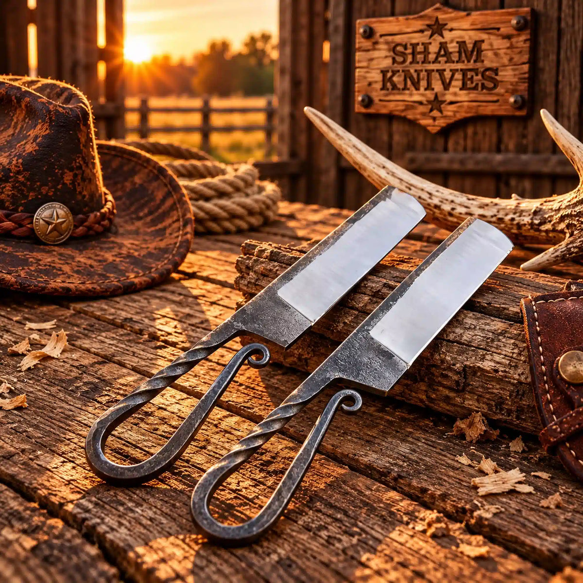 Iron Horse railroad spike bull cutter knife pair on a rustic wooden table
