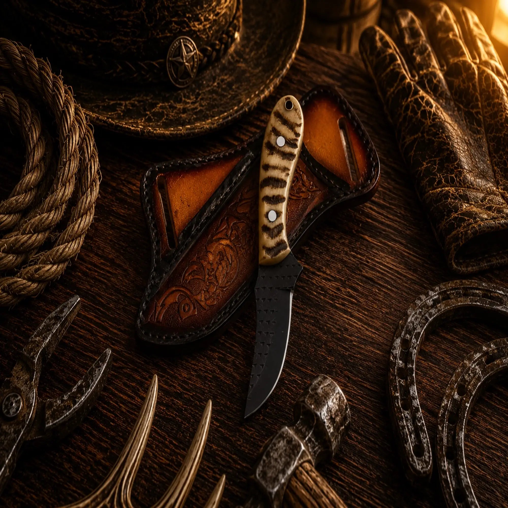 Handmade Iron Ranch Cowboy Knife with D2 powder coated steel blade and ram horn handle.