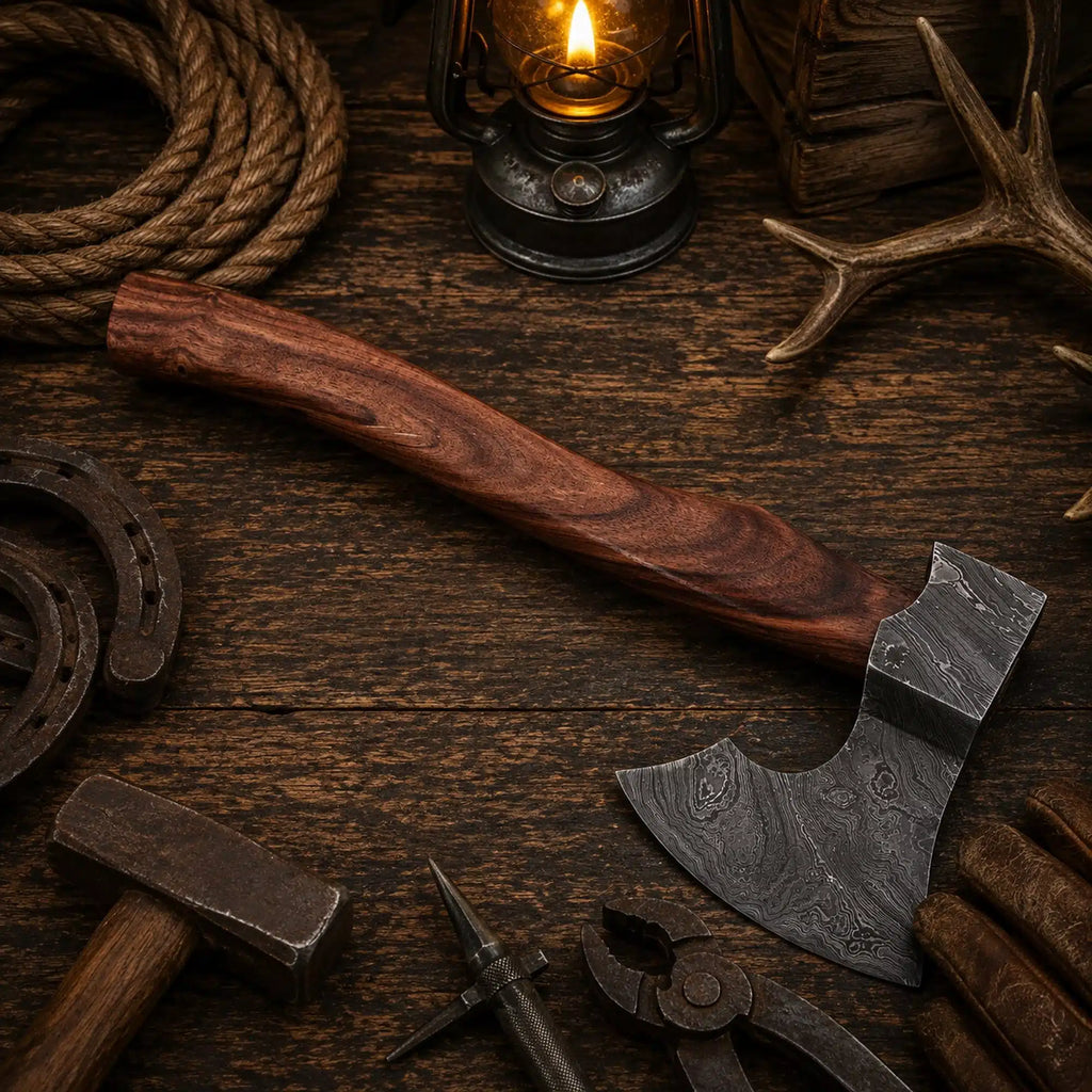 The Iron Raven hand forged Damascus Viking axe with wood handle