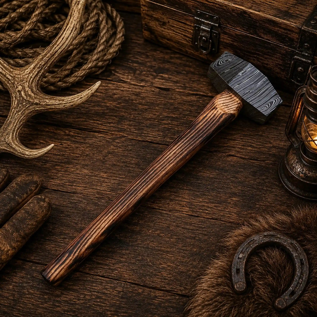 Ironcrest Damascus rounding hammer with dark ash wood handle