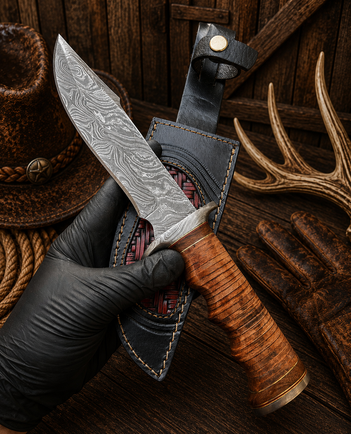 Ironhide Legend Damascus Bowie knife with stacked leather handle