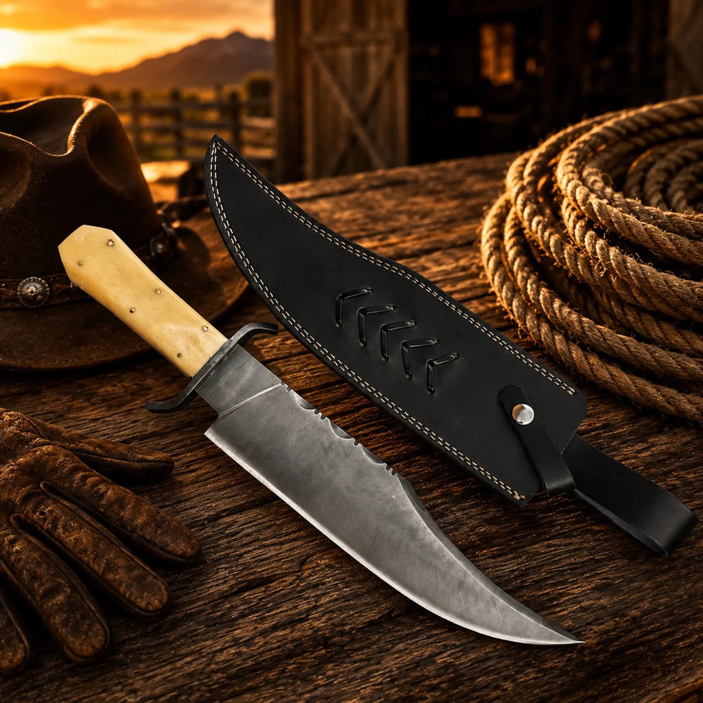 Juan Padillo Bowie Knife 5160 Spring Steel Bone Handle - SHAM KNIVESBowie knifeSHAM KNIVES5160 spring steel hunting knife on rustic western table