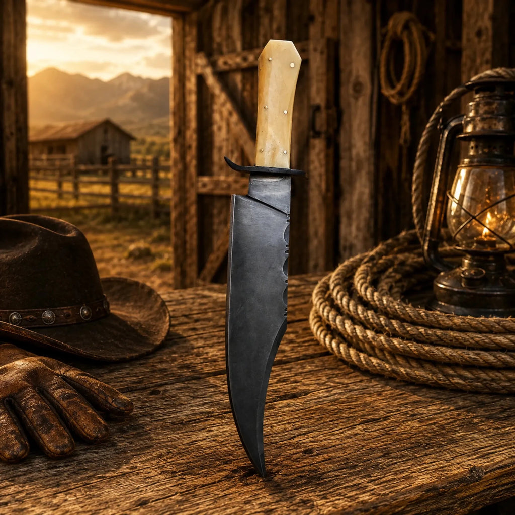 Juan Padillo Bowie Knife 5160 Spring Steel Bone Handle - SHAM KNIVESBowie knifeSHAM KNIVESWestern bowie knife with leather sheath and bone handle