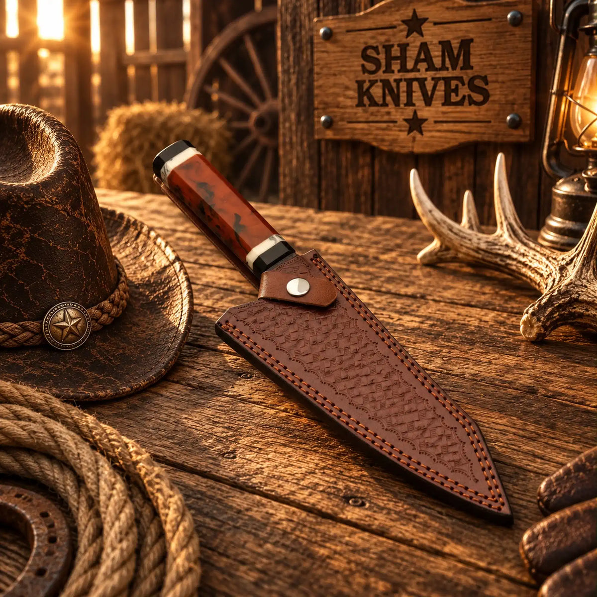 K-tip Gyuto blade with layered Damascus and copper wave pattern