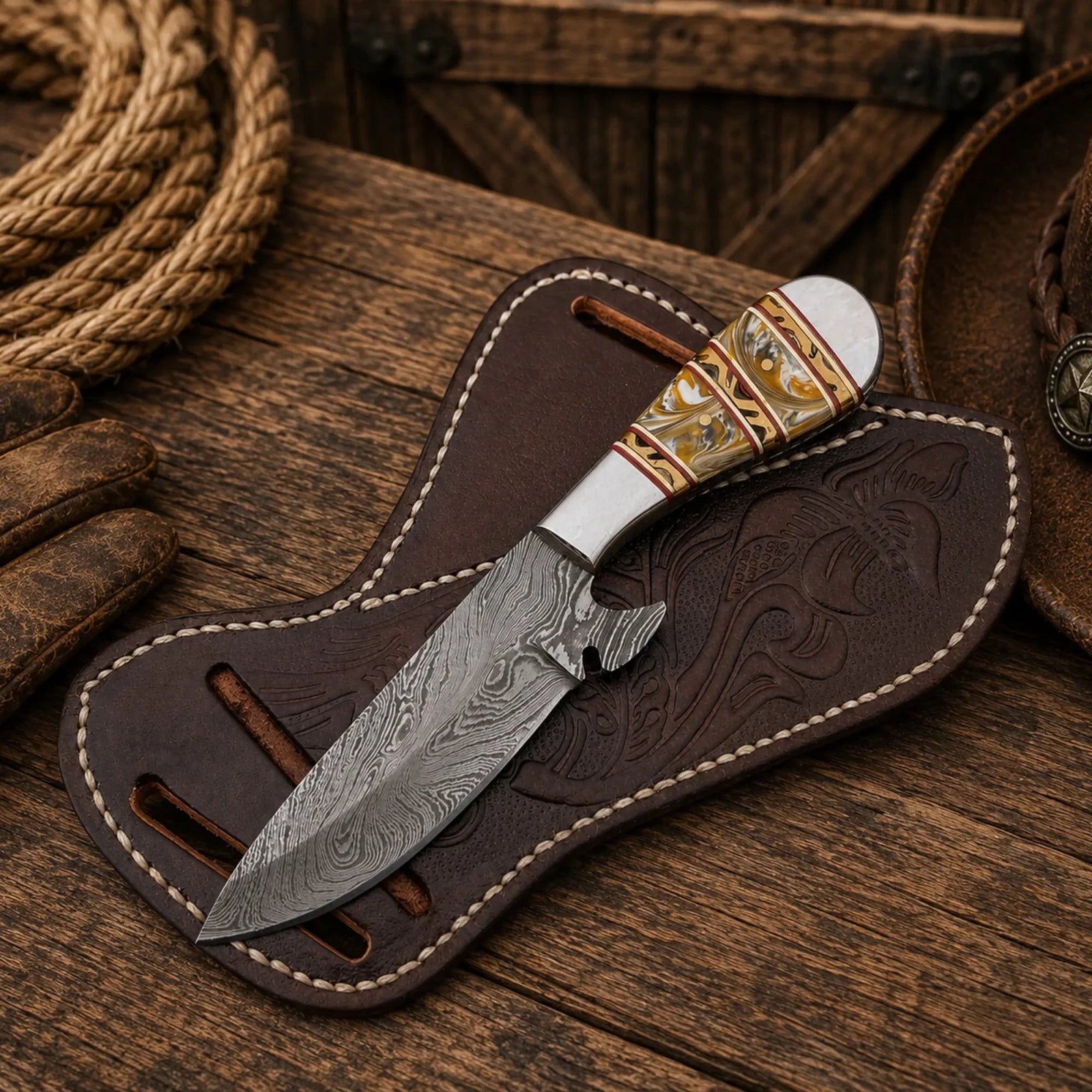 Kimes Ranch Skinning Knife – Handmade Damascus Blade Resin Handle - SHAM KNIVESCowboy KnifeSHAM KNIVESKimes Ranch Skinning Knife featuring a handmade Damascus steel blade and resin handle with steel bolster with belt leather sheath