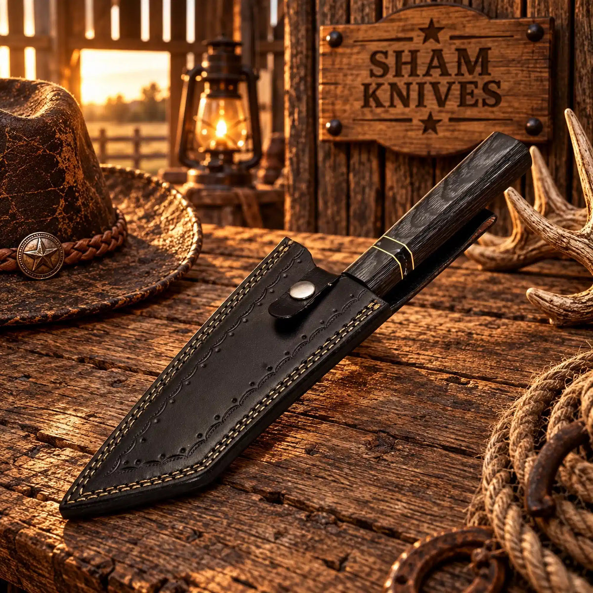 Kiritsuke knife with layered Damascus and copper wave pattern