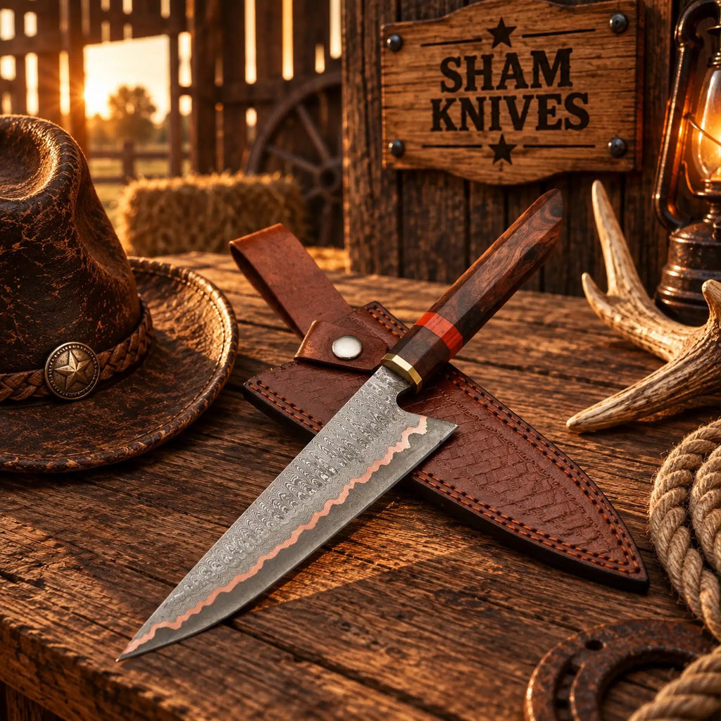 Hand-forged ladder-style Copper Damascus chef knife