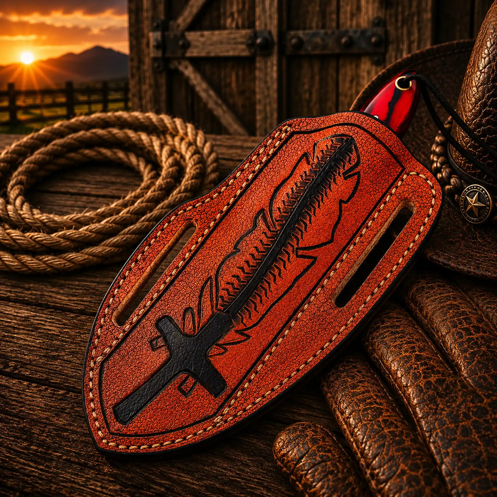 Compact hunting knife with red resin handle and pancake sheath