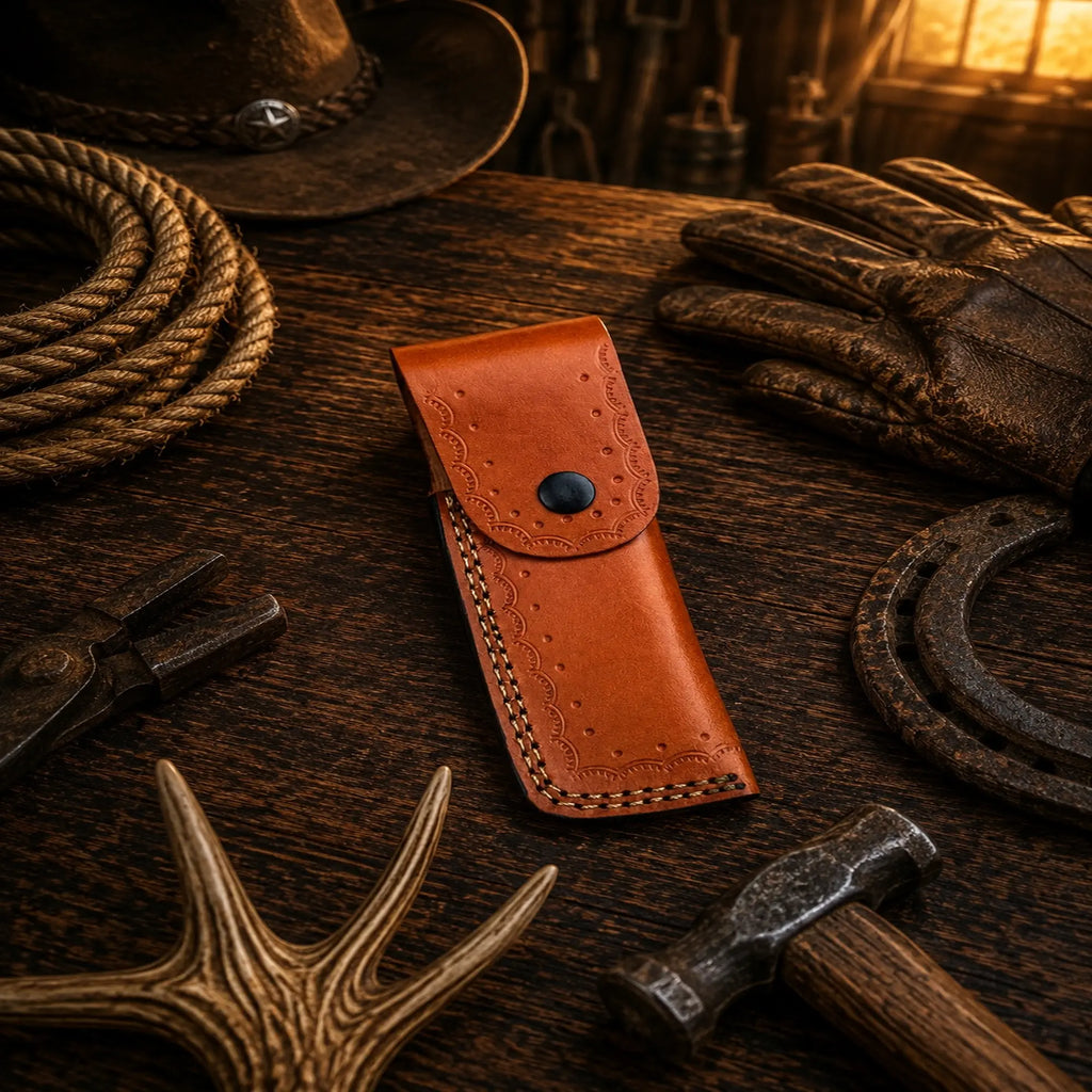 Handmade straight razor with polished rosewood handle and leather sheath
