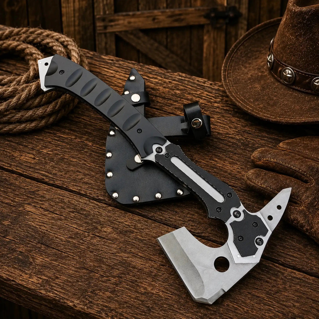 Leon Kennedy Upgraded Axe – Resident Evil Requiem D2 Hatchet - SHAM KNIVESCamping AxeSHAM KNIVESLeon Kennedy RE9 D2 steel hatchet with premium leather sheath.