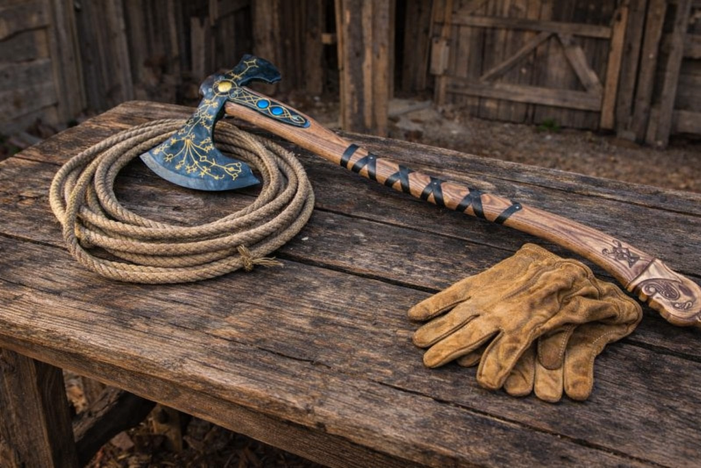 Leviathan axe handmade carbon steel Viking axe with long wooden handle rustic barn background rope gloves
