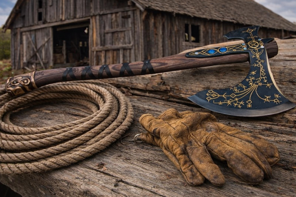 Leviathan axe handmade carbon steel Viking axe with long wooden handle rustic barn background rope gloves
