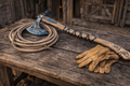 Leviathan Axe Viking Carbon Steel Handmade Axe with Long Handle - SHAM KNIVESCamping AxeSHAM KNIVESLeviathan axe handmade carbon steel Viking axe with long wooden handle rustic barn background rope gloves