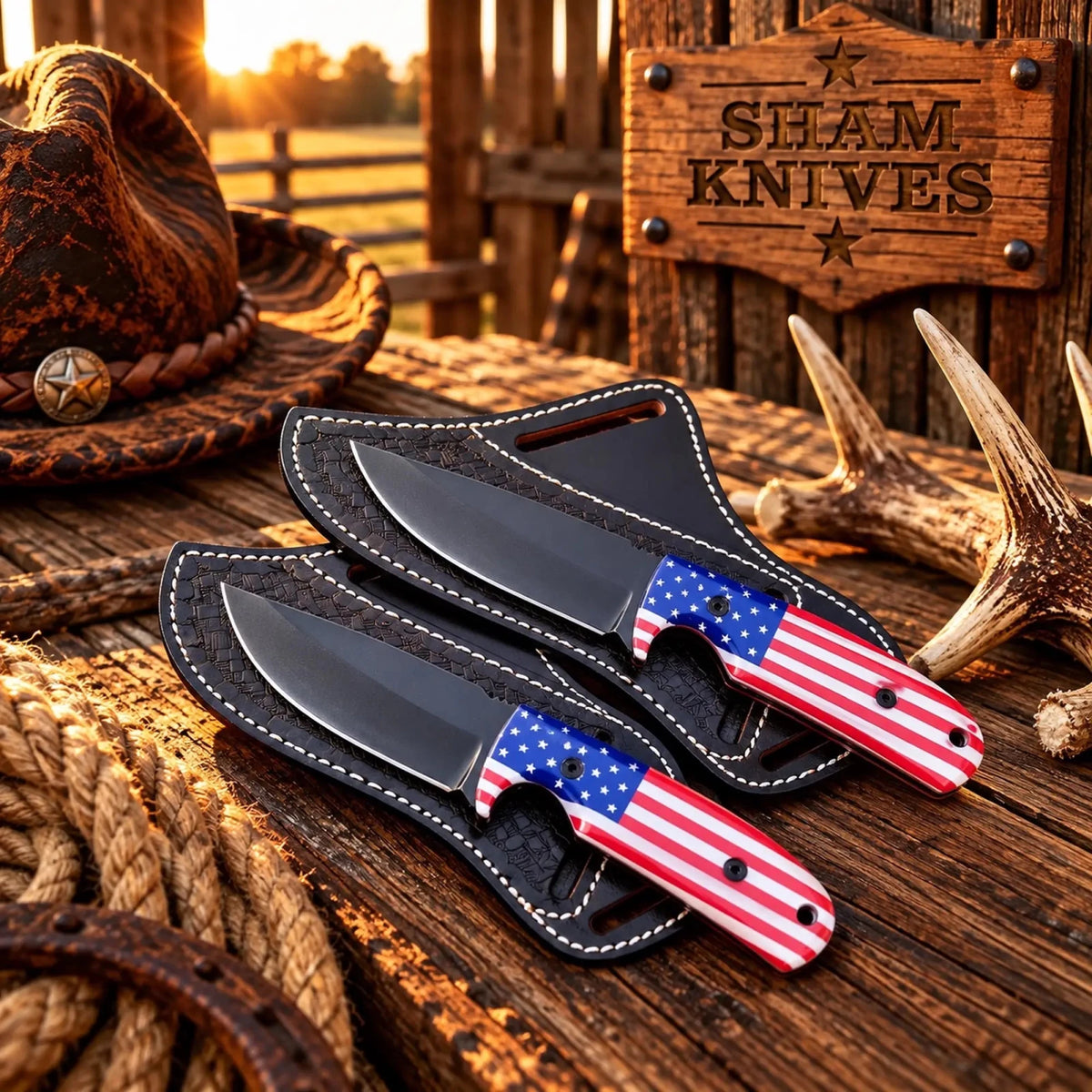 Liberty cowboy Ranch D2 Steel Hunting Knife Set – American Flag Handles with side belt leather sheath - SHAM KNIVESCowboy KnifeSHAM KNIVESLiberty Cowboy Ranch D2 steel hunting knife set