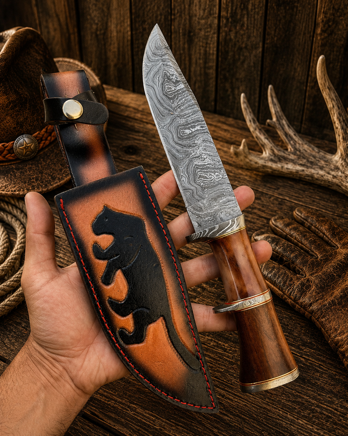 Lionheart double guard Bowie with Damascus blade and wood-bone handle
