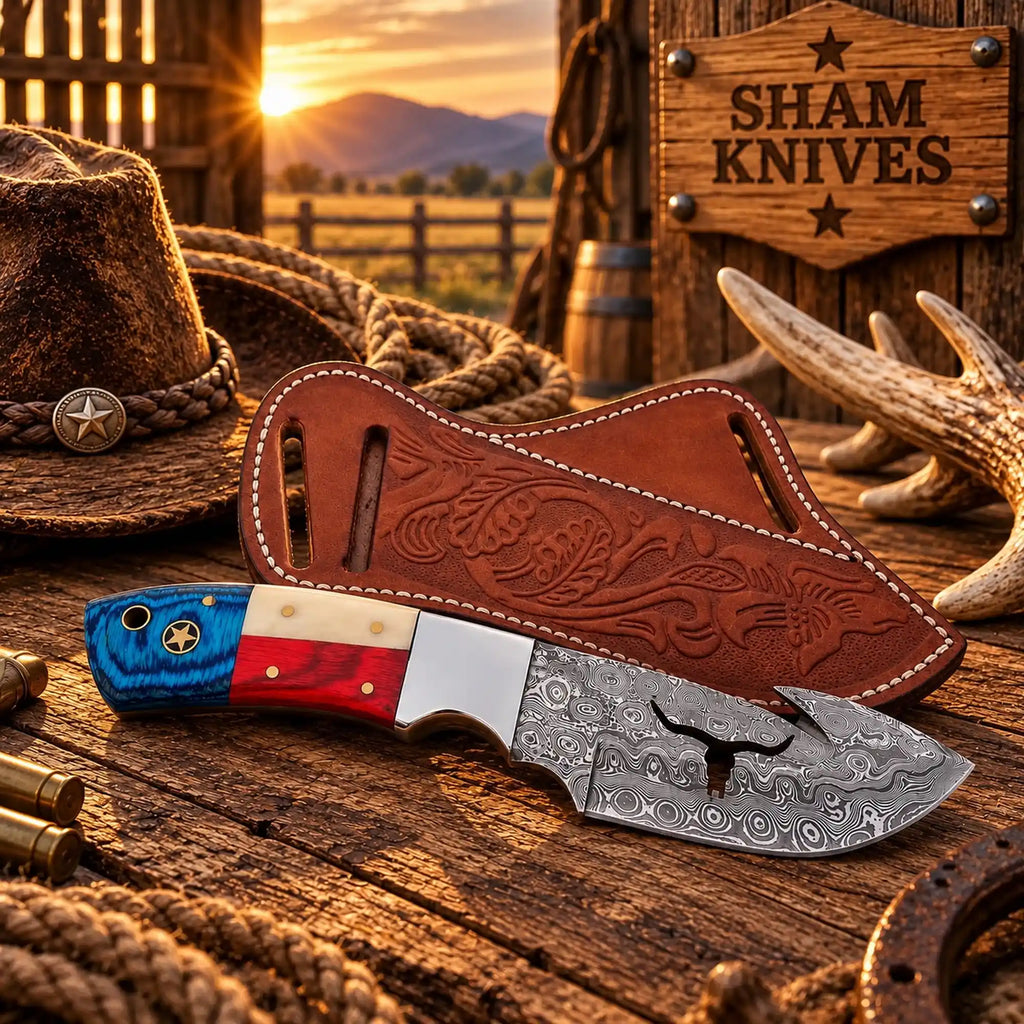 Long Horn silhouette cutout surrounded by flowing Damascus blade patterns

