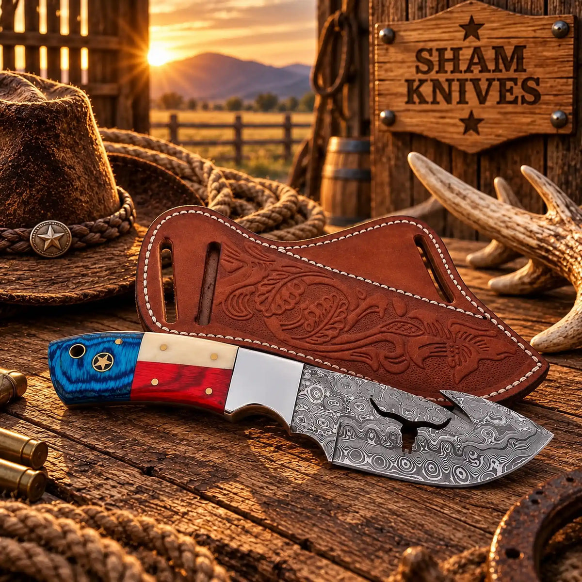 Long Horn silhouette cutout surrounded by flowing Damascus blade patterns
