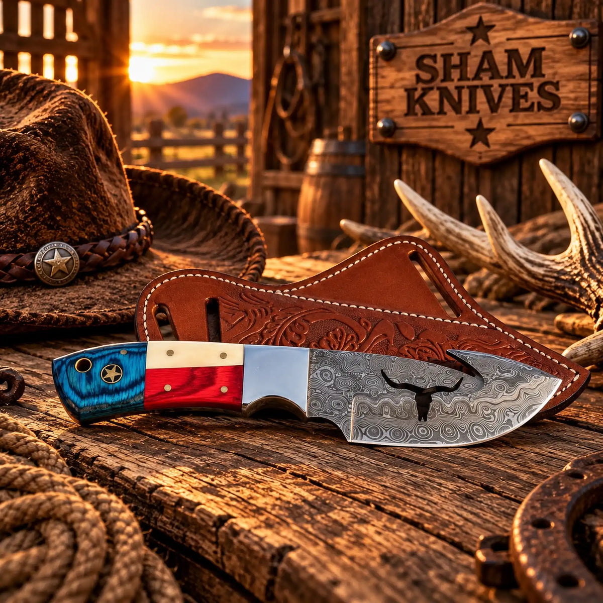 Long Horn cutout Damascus gut hook knife with a Texas flag handle and brown tooled leather sheath
