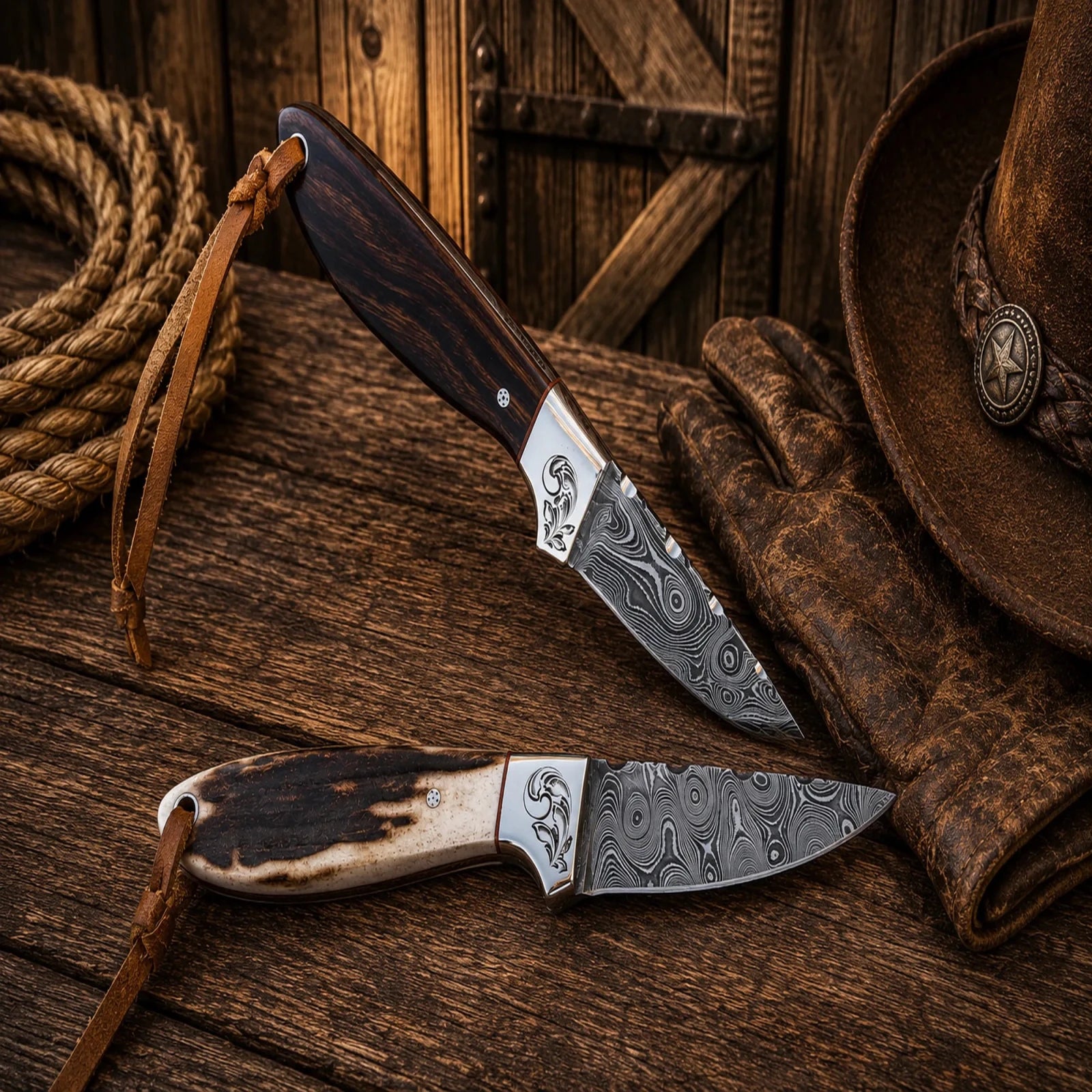 Longhorn Legacy Buckaroo Knife Set – Damascus Steel, Antler Wood Handle & Cross Draw Pancake Sheath - SHAM KNIVESCowboy KnifeSHAM KNIVESLonghorn Legacy Buckaroo Knife Set with Damascus Steel Blades with crossdraw pancake sheath